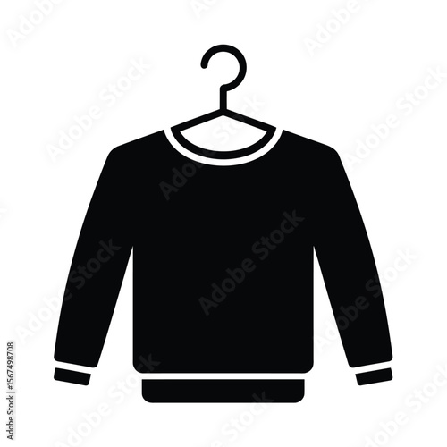 A minimalist black and white Silhouette of a crew neck sweatshirt hanging on a black plastic hanger