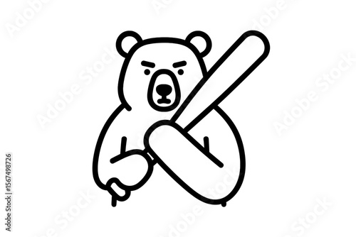 Cartoon bear holding a baseball bat with an intense expression in black and white outline style