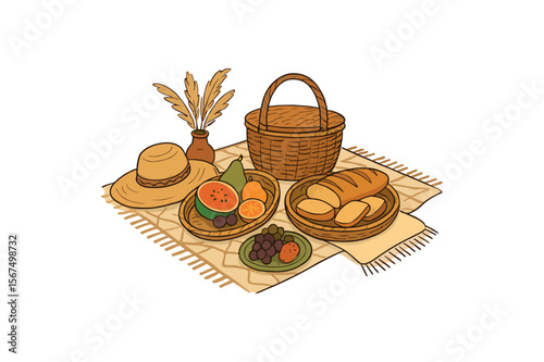  Picnic Scene with Fruit and Bread on Color vector on white background.01