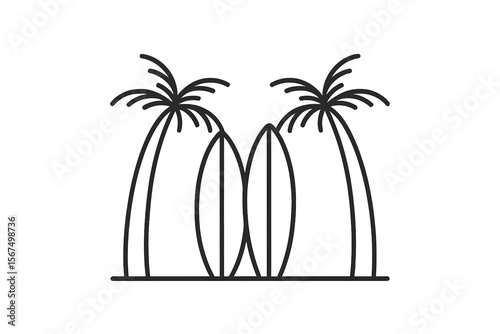 Surfer silhouettes with palm trees showing a tropical beach vibe during summer