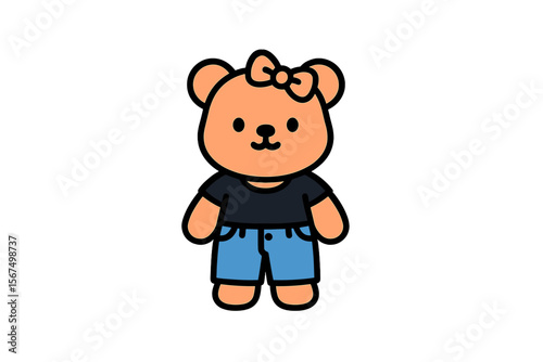 Cute cartoon bear character wearing a black shirt and blue jeans stands with a friendly expression in a simple style