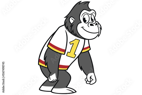 Smiling gorilla strides confidently wearing a jersey, short pants, and sneakers in a vector