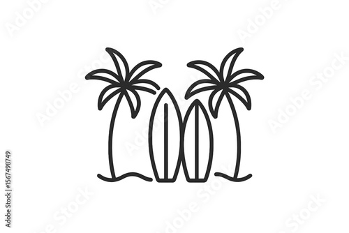 Palms and surfboards create a calm beach atmosphere perfect for relaxation and water activities
