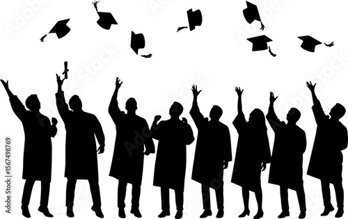Group of graduates celebrating and throwing caps in the air  
