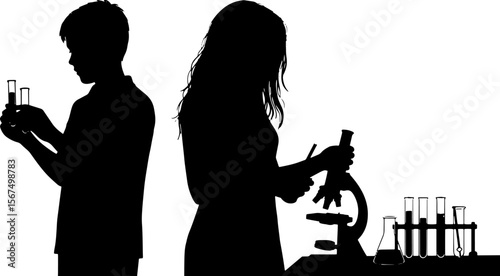 Silhouettes of a boy and girl conducting science experiments in laboratory  