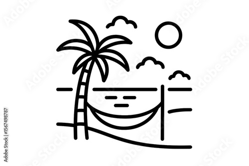 Relaxing in a hammock under a palm tree by the ocean with the sun shining and clouds in the sky