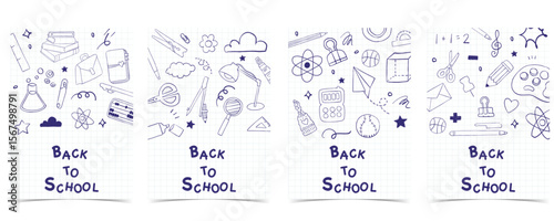 Back to school on grid background with cute blue doodle decoration for A4 vertical design