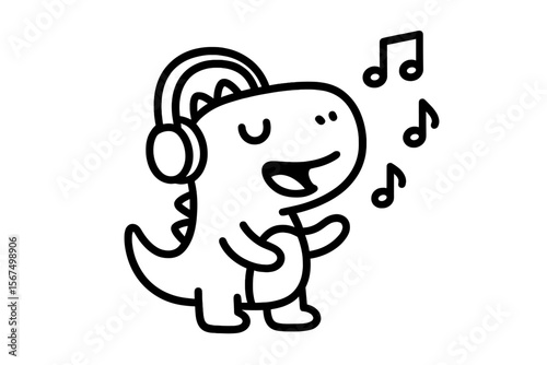 Joyful dinosaur enjoying music while wearing headphones and singing merrily in a playful illustration