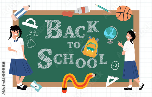 Back to school on greenboard with bag,student,pencil for horizontal design