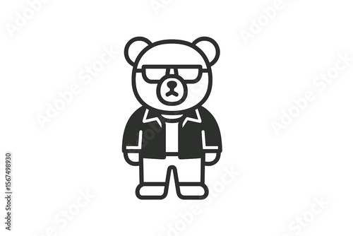 Cute cartoon bear character wearing glasses and a jacket standing straight in minimalist style
