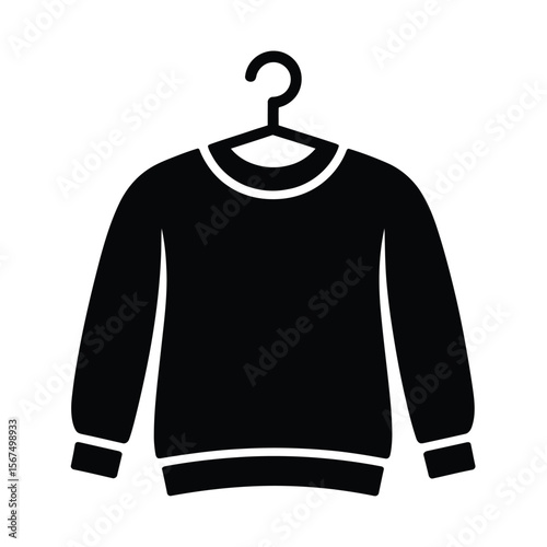 A minimalist black and white Silhouette of a crew neck sweatshirt hanging on a black plastic hanger