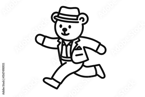 Running bear character in a suit with a hat showcasing fun and playful energy