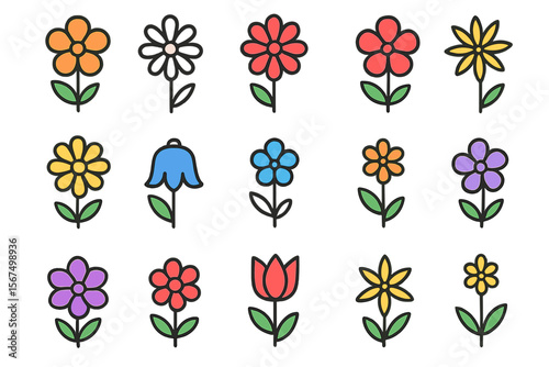Colorful flower illustrations featuring different types in various shapes and sizes on a white background