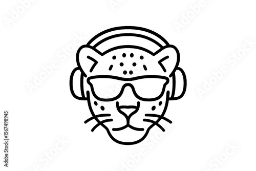 Leopard wearing headphones and sunglasses in minimalist design, representing urban music culture and style