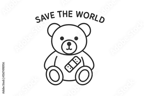 Cute teddy bear working to save the world with bandages on its arm in a playful design