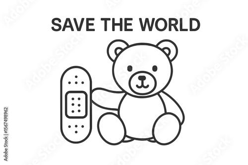 Cute teddy bear holding a bandage encourages saving the world while promoting kindness and care for the planet