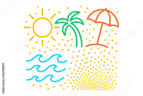 Bright tropical illustration with sun, palm tree, waves, and beach elements perfect for summer themes
