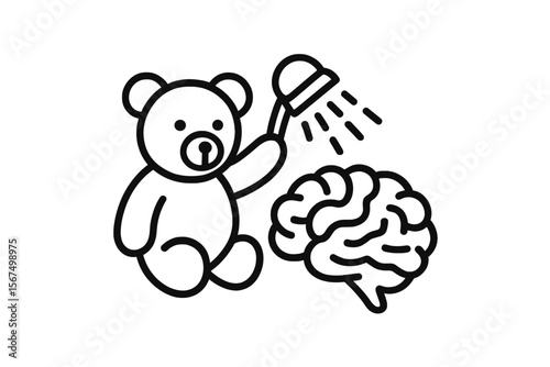Cute teddy bear bathing a brain with a tiny shower in a whimsical illustration displayed on a white background