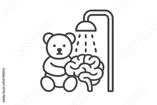 Illustration of a teddy bear sitting beside a brain under a shower, depicting a playful concept of washing thoughts