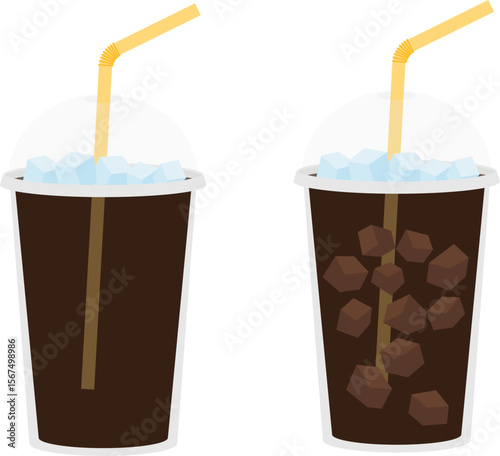 Flat Vector Illustration of Iced Americano Coffee in Plastic Cup with Ice Cubes and Straw for Cafe Menu and Beverage Design
