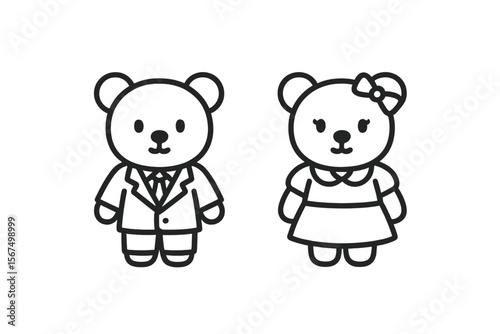 Cute cartoon bears dressed in formal attire stand side by side in this playful illustration featuring a wedding theme