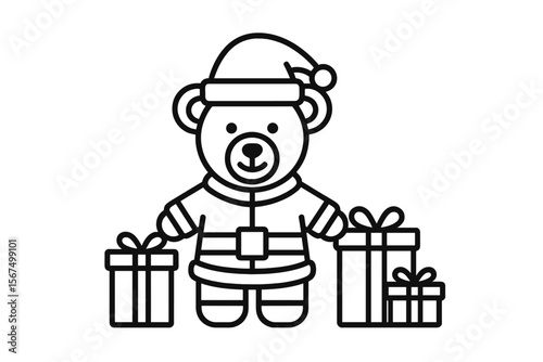 Festive bear character in Santa costume with wrapped presents during Christmas celebrations