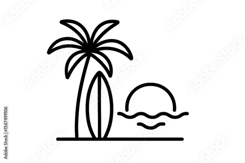 Palm tree and surfboard near sunset on a beach with gentle waves