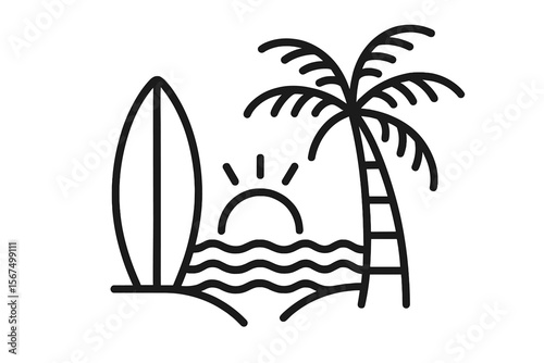 Surfer's paradise with palm trees and sunset over tranquil waves at the beach