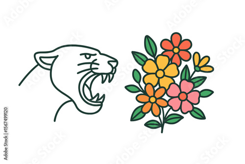 Colorful illustration of a roaring panther alongside a vibrant floral arrangement with bright flowers
