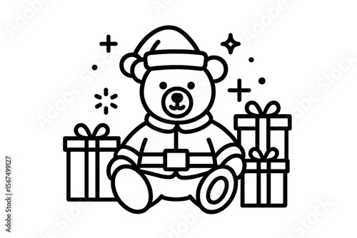 Cute teddy bear in a Santa outfit surrounded by gifts and decorations during the holiday season