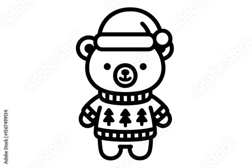 Cute bear wearing a festive sweater and Santa hat celebrating winter holidays in a cheerful style