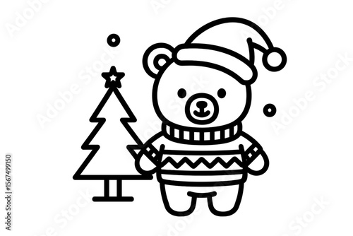 Cute bear wearing a sweater and hat stands next to a decorated Christmas tree in a festive winter setting
