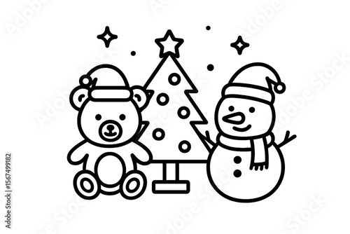 Cute teddy bear and snowman celebrate winter holidays in front of a decorated Christmas tree with festive decorations and stars