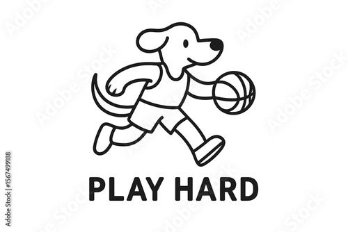 Cartoon dog playing basketball with enthusiasm in a simple black and white design aimed at promoting active lifestyles