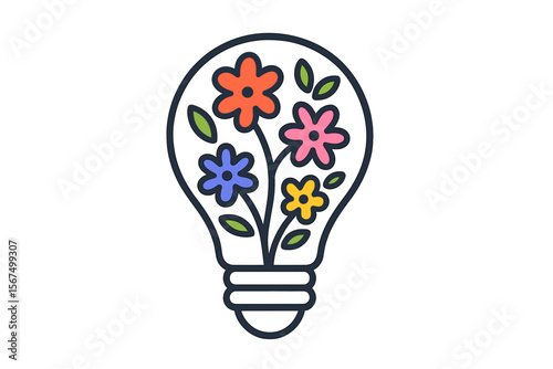 Light bulb filled with colorful flowers symbolizes creativity and innovation in design and thinking