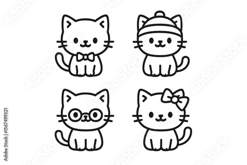Cute cartoon cats in various attire enjoying a playful day indoors with accessories and cheerful expressions