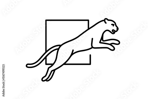 Leaping panther silhouette breaking through a geometric shape in a minimalist design