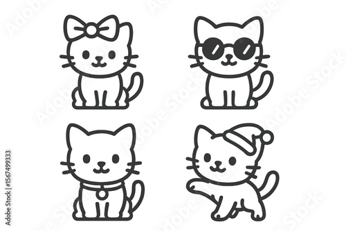 Cute cartoon cats in various outfits showcasing playful expressions and accessories