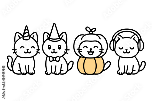 Four cute cartoon cats in themed costumes celebrating Halloween and autumn festivity in a playful, colorful style