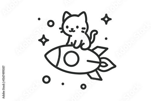 Cute cat riding a rocket through space with stars and bubbles in a playful and whimsical illustration
