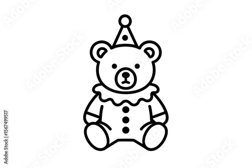 Cute teddy bear dressed as a clown with a party hat and cheerful expression perfect for children's events