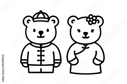 Two cute cartoon bears dressed in traditional outfits celebrating a cultural festival together