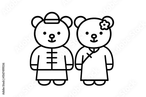 Cute cartoon bears in traditional attire celebrating a joyful occasion together