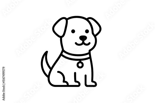 Cute cartoon dog sitting happily while wearing a collar with a tag in a simplistic black and white design