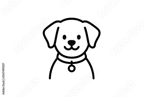 Cute cartoon dog with collar in a simple line art style showcasing playful charm and friendliness