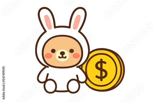 Cute cartoon character in a bunny suit with a gold coin in a playful and whimsical setting