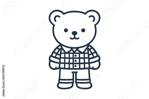 Cute cartoon bear wearing a plaid shirt and trousers standing cheerfully in a simple line art style