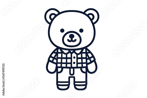 Cute cartoon bear character in a plaid shirt and denim overalls standing against a plain background