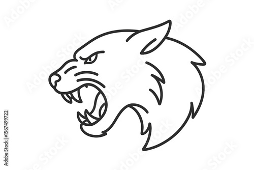 Wildcat head profile showcasing fierce expression with prominent fangs and sharp features in minimalist outline design