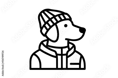 Dog wearing a beanie and jacket poses confidently in a stylish urban setting during a chill day